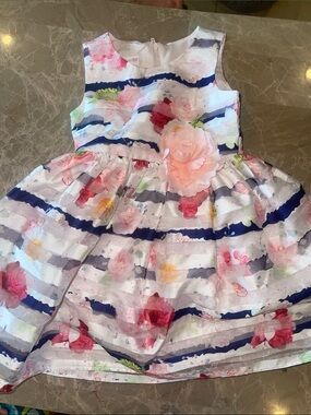 Bonnie Jean White Dress with Navy Stripes & Pink Floral Accent